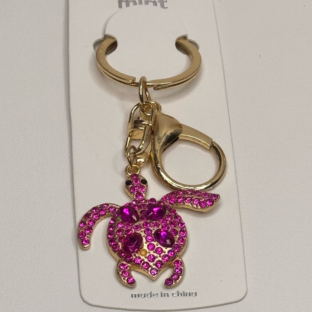 BAG CHARM Mint Gold and Pink Crystal Turtle Keychain